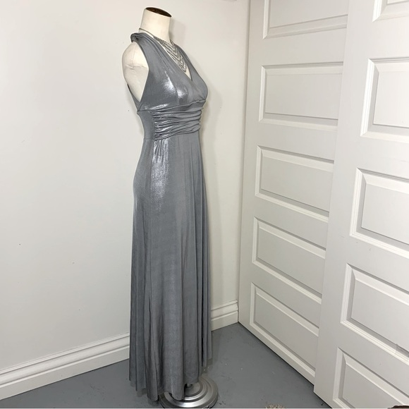 VINTAGE Silver Gray Maxi Dress Halter Straps Metallic Cinched Festive Gown XS/S - Picture 6 of 11